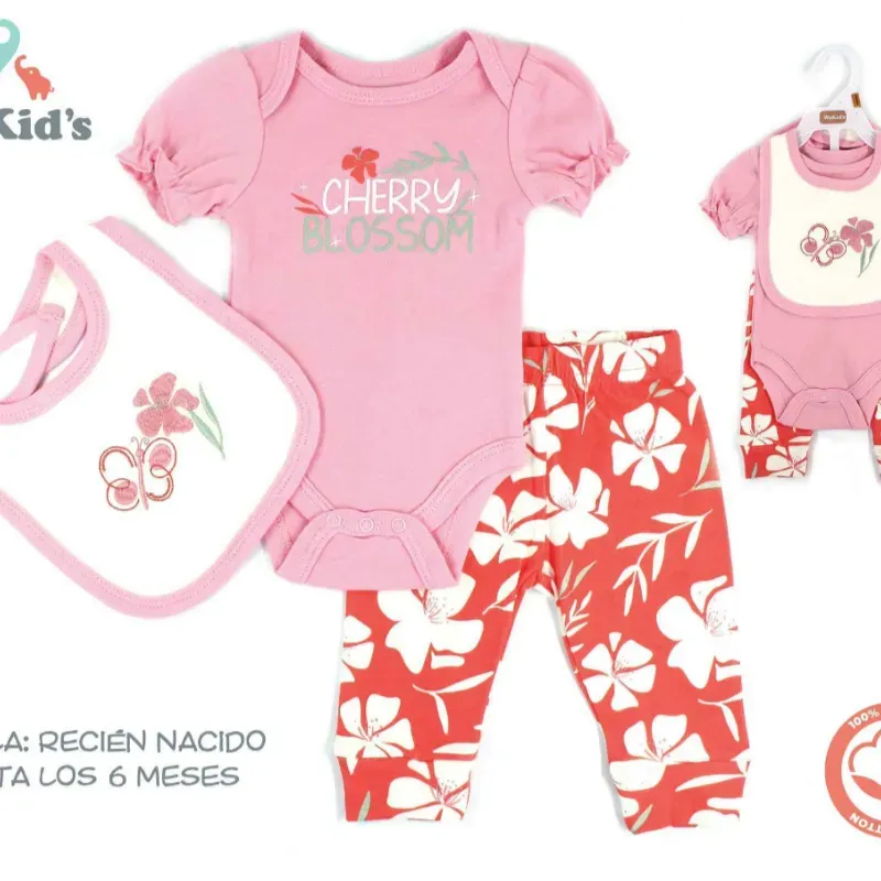 Conjunto de Body, Pantalón y Babero para Bebé Temática Flores