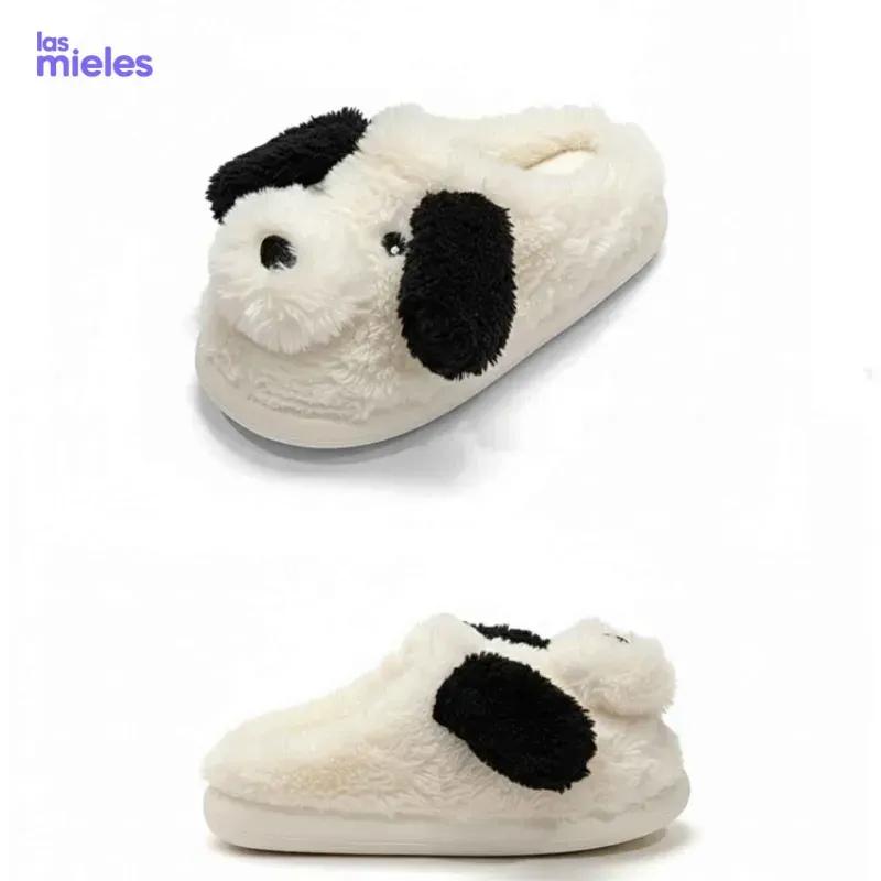 Pantuflas de peluche de perro blanco/negro