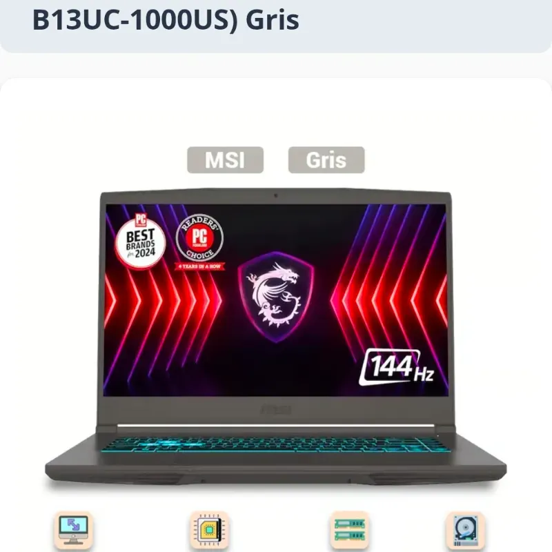 Laptop MSI Thin 15 Gaming 15.6" FHD 144Hz Core i5-13420H RTX 3050 16GB 512GB SSD (Modelo: Thin 15 B13UC-1000US) Gris