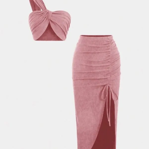  Conjunto falda larga con fruncido y top de un tirante — Rosado