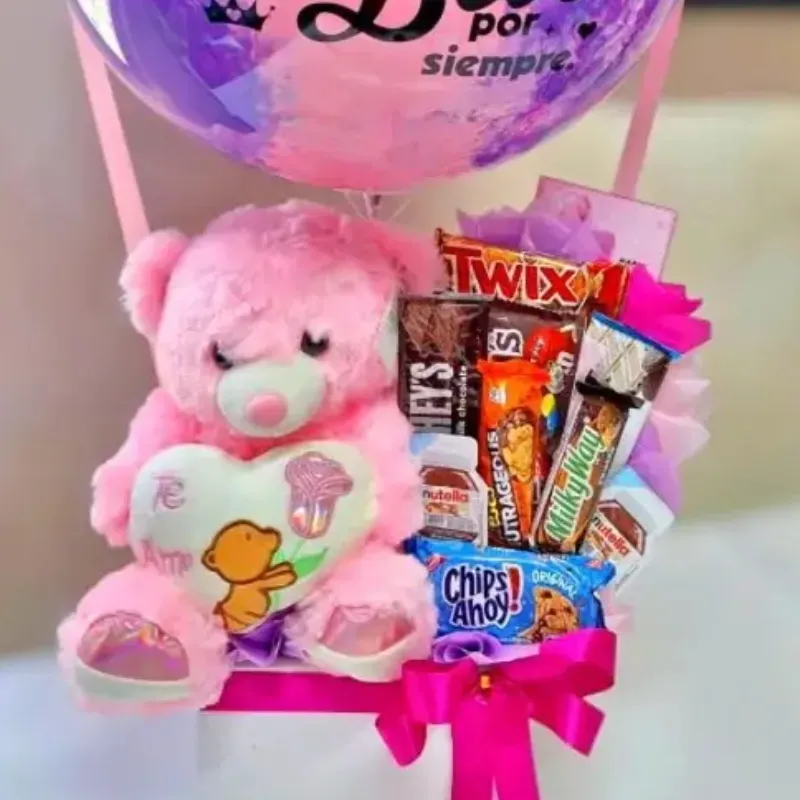 Caja chuches +peluche + globo burbuja personalizable
