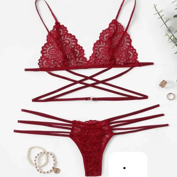  Conjunto de lencería roja encaje + tiras cruzadas – Talla S