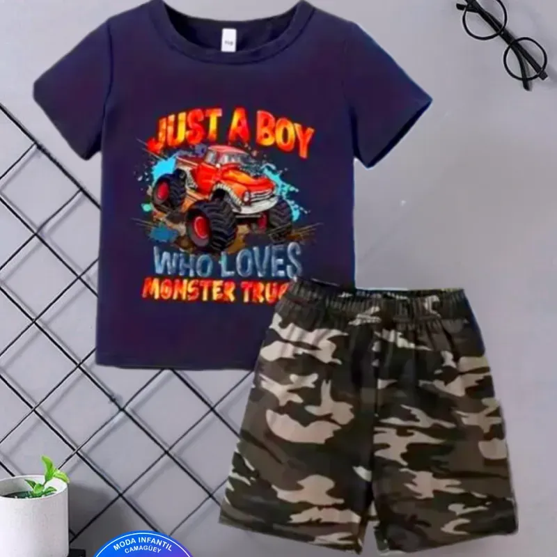 Pullover azul prusia y short camuflaje