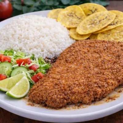 Bistec de Cerdo Empanado con Arroz blanco