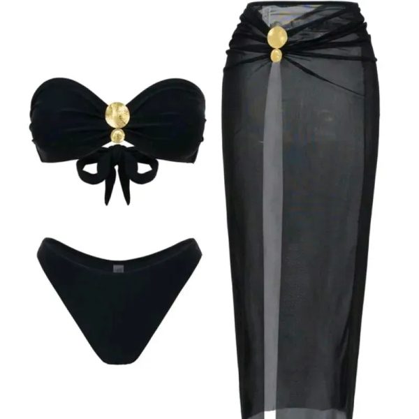  Bikini con falda larga y adornos dorados — Negro
