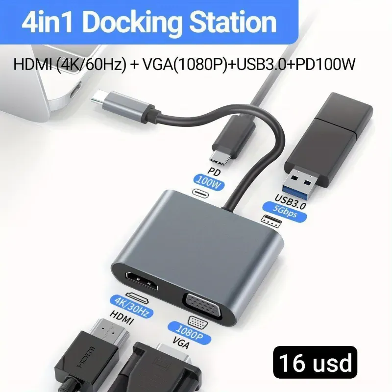 Adaptador tipo C a Vga Hdmi Usb y tipo C