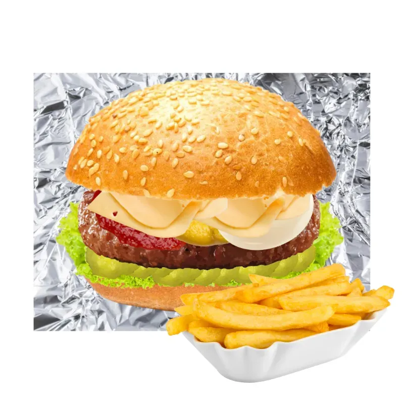 Hamburguesa 29 con Papas Fritas (Pan de Hamburguesa, Carne de Cerdo o Res, Queso Gouda, Lechuga, Pepinillos, Mayonesa, Ketchup y Mostaza)