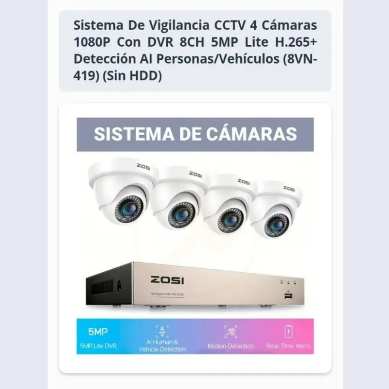 SISTEMA 4 CÁMARAS DE SEGURIDAD DOMO 1080P FHD ZOSI (HAB)