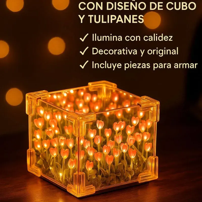 Lámpara led con diseño de cubo y tulipanes