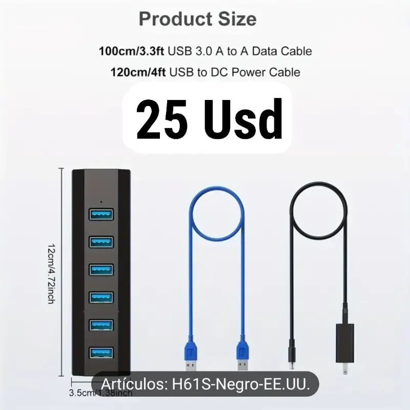 Regleta Hub USB 6 puertos 3.0 con alimentación