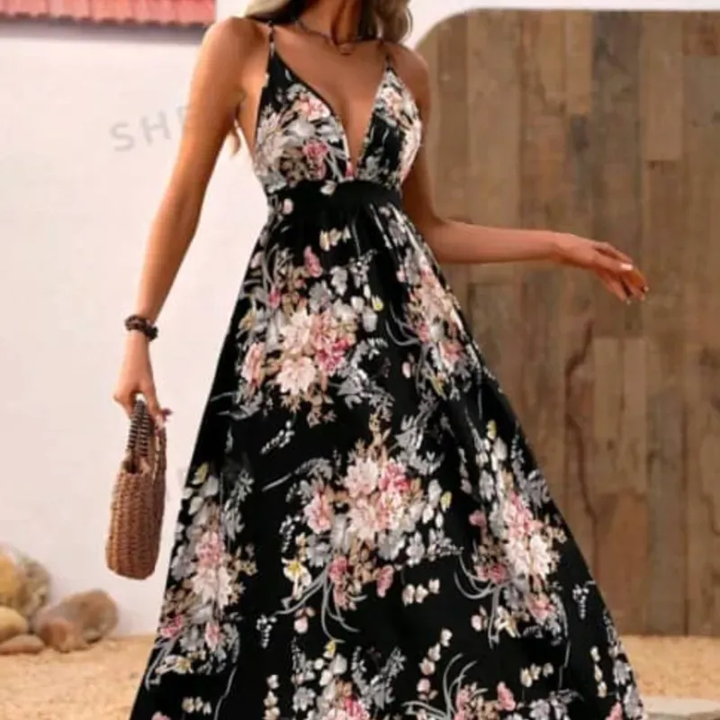  Vestido largo estampado floral — Negro