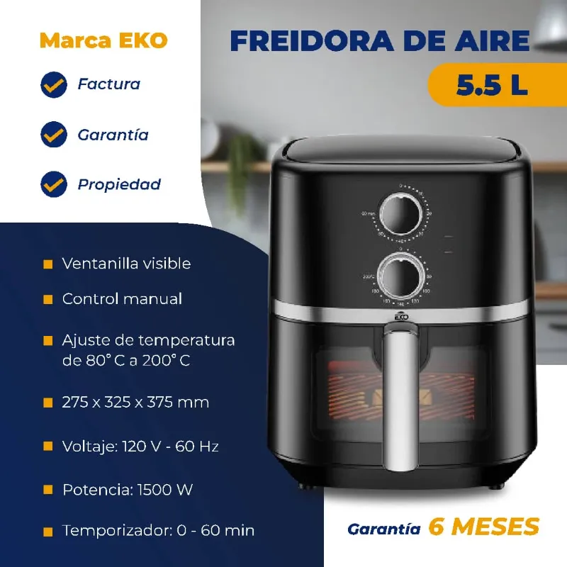  *Freidora de Aire 5.5 L con ventanilla visible Marca EKO*