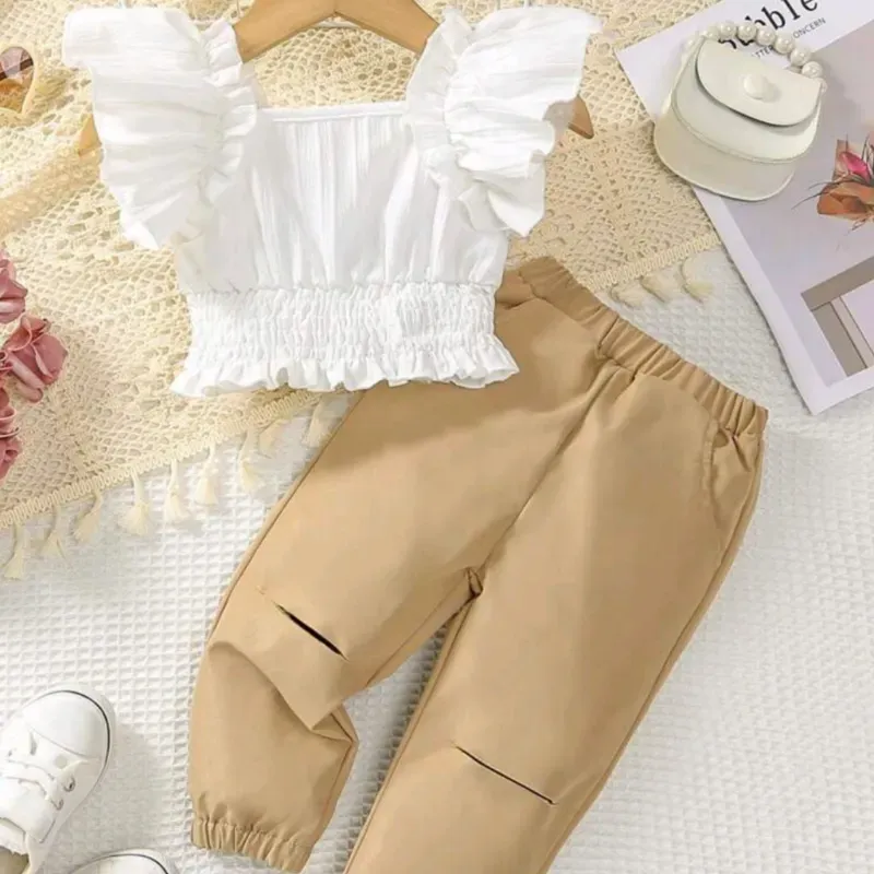  Conjunto de pantalón y blusa — Beige/Blanco
