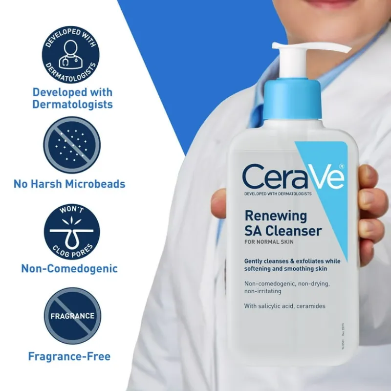 Limpiador CeraVe Renewing SA para piel normal, con ceramidas y ácido salicílico .