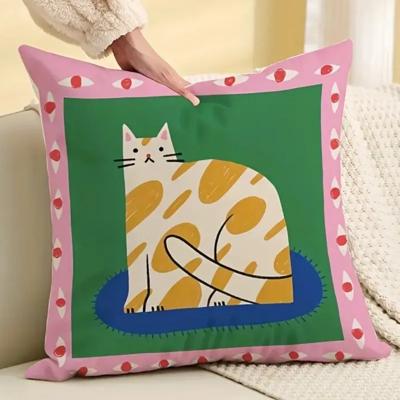 Cojín Gato fondo rosado y verde