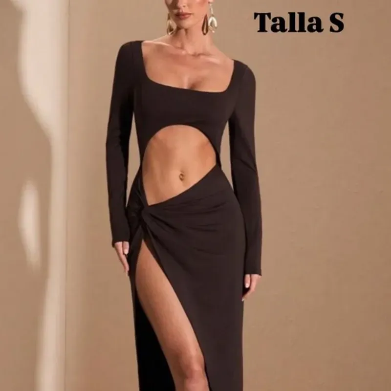 Vestido largo elegante de mangas largas y abertura en la pierna