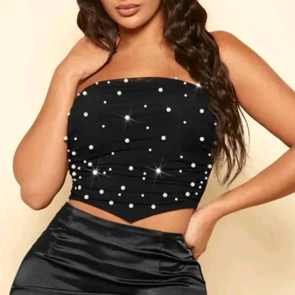  Top tubo con perlas — Negro