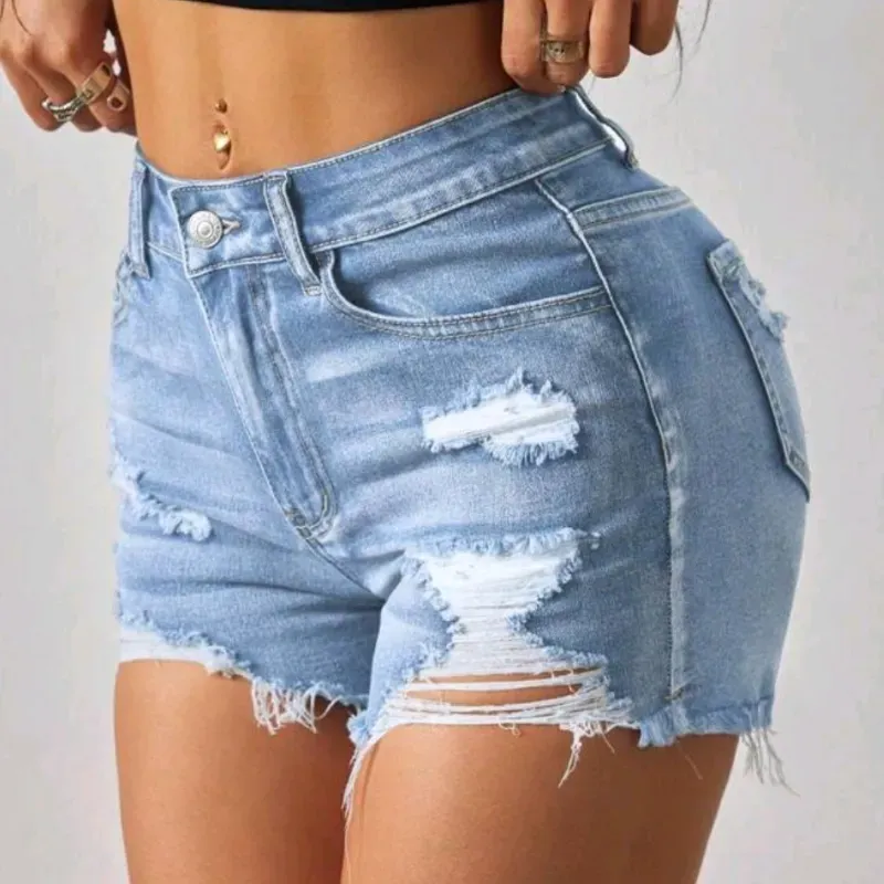  Short de mezclilla con desgarro — Azul