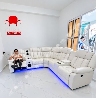 Sofá modular reclinable eléctrico con altavoces de graves para sala de estar, de piel sintética, reclinable, esquinero, con luz LED, reclinables eléctricos para el hogar, color blanco