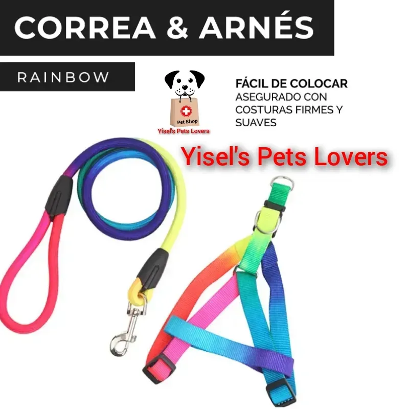 Perchera y correa arcoiris para mascotas