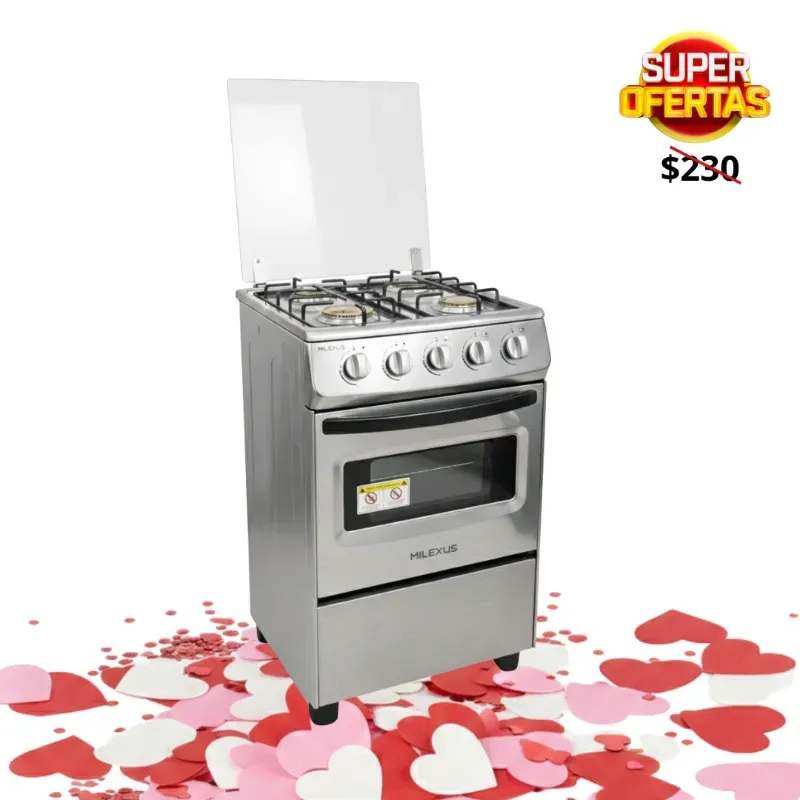 COCINA DE GAS CON 4 QUEMADORES Y 20" PLATEADA