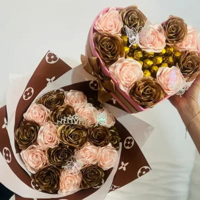 Juego de ramo con tiara en rosado y marrón con