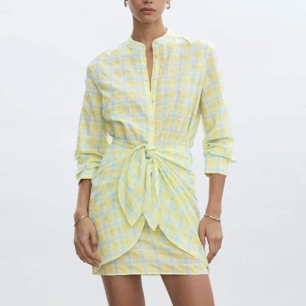Vestido amarillo de cuadros mangas largas Mango