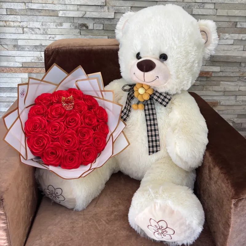Peluche (grande) y ramo de rosas eternas