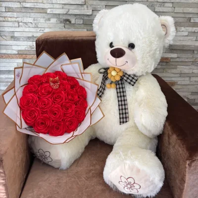 Peluche (grande) y ramo de rosas eternas