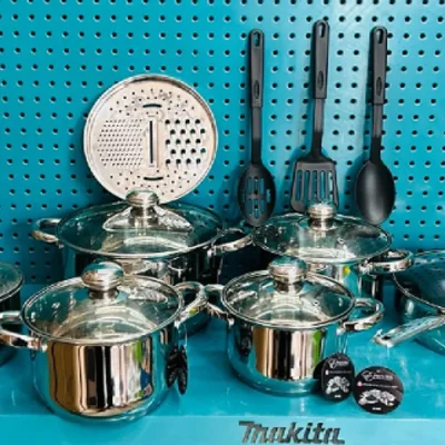 JUEGO DE 5 CAZUELAS Y SARTÉN DE ACERO INOXIDABLE CON TAPA DE VIDRIO  PARA TODO TIPO DE FOGONES + 3 ESPUMADERAS Y PLATO PARA COCCIÓN A VAPOR REF: EP-1603PCS