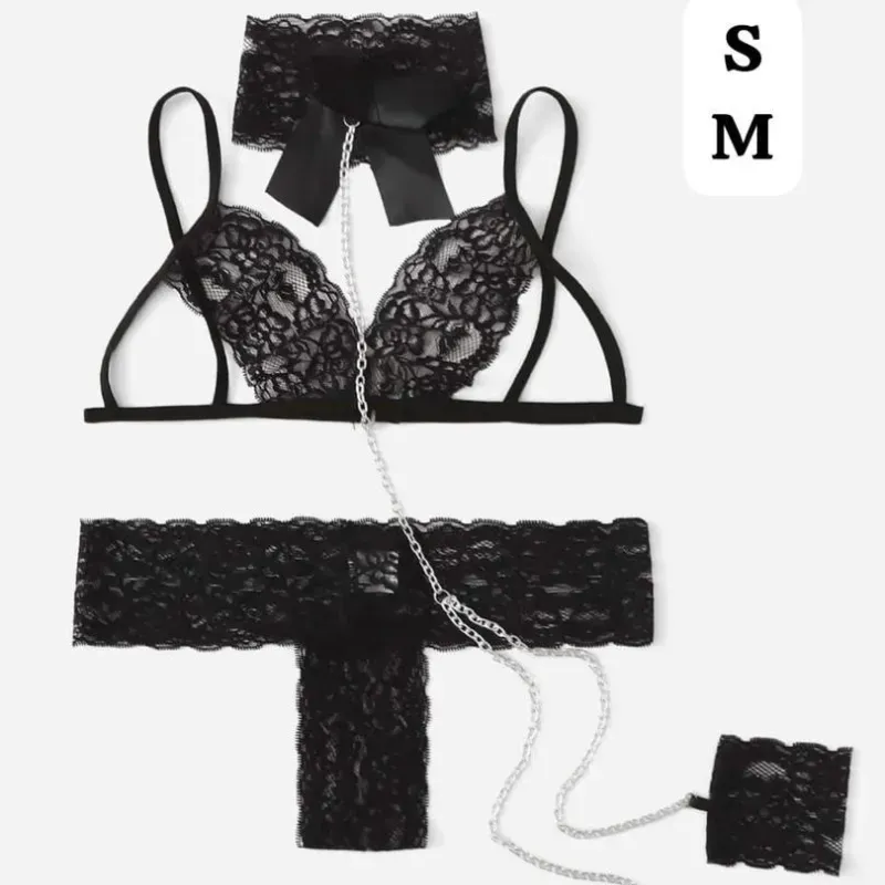 Conjunto de lencería negra encaje + cadenas – Tallas S y M