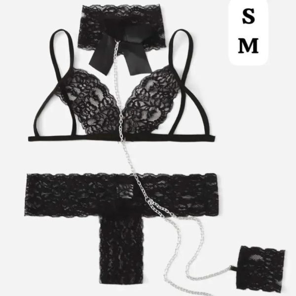  Conjunto de lencería negra encaje + cadenas – Tallas S y M