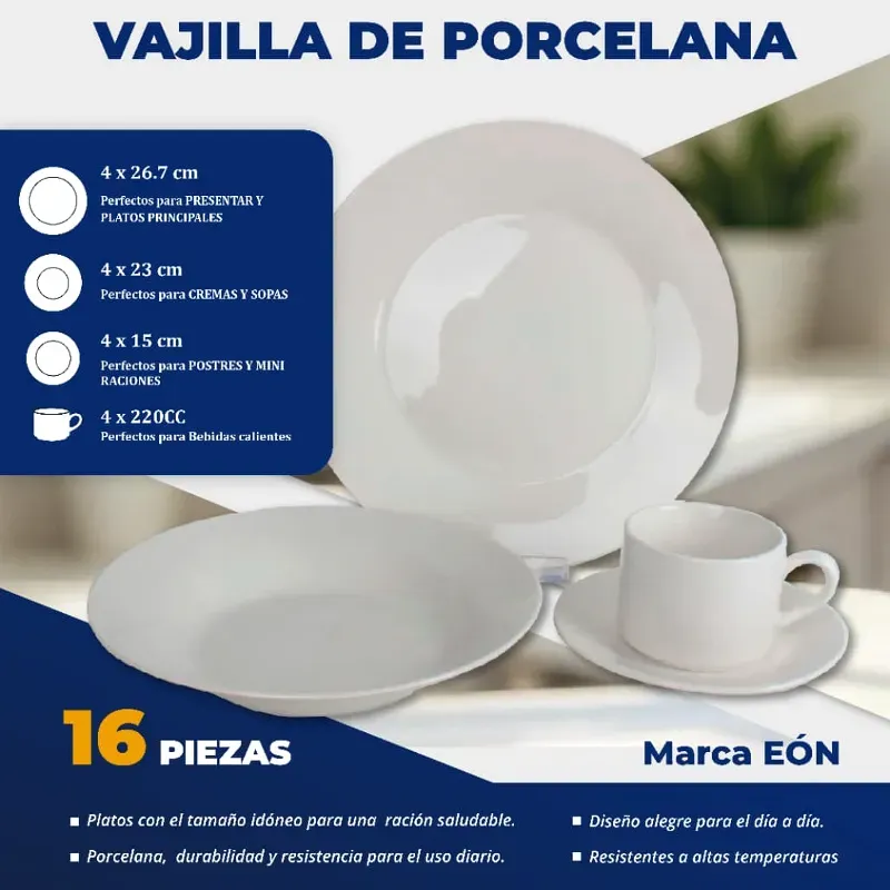 VAJILLA DE PORCELANA 16 PIEZAS BLANCAS (FAD)