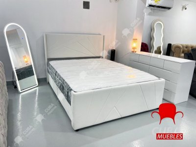 Cama Tamaño Queen, Cama Plataforma Tapizada en Terciopelo