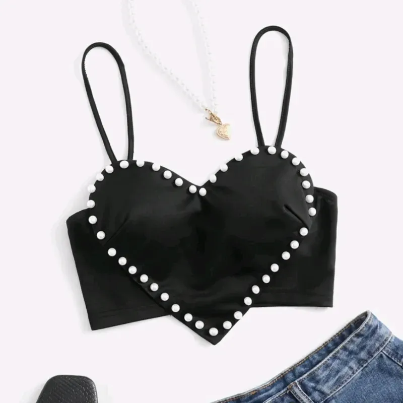  Top corazón con perlas — Negro