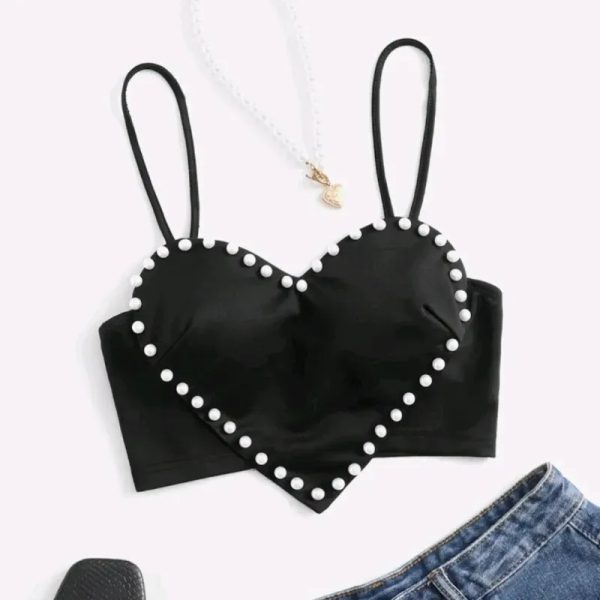  Top corazón con perlas — Negro