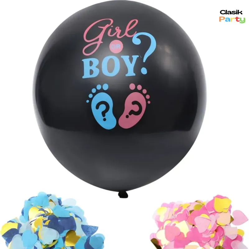 Globo negro grande + confeti rosado y azul