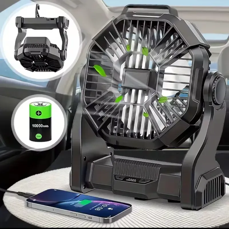 Ventilador Recargable 1040mah Portátil con Luz LED, Gancho Giratorio y Power Bank