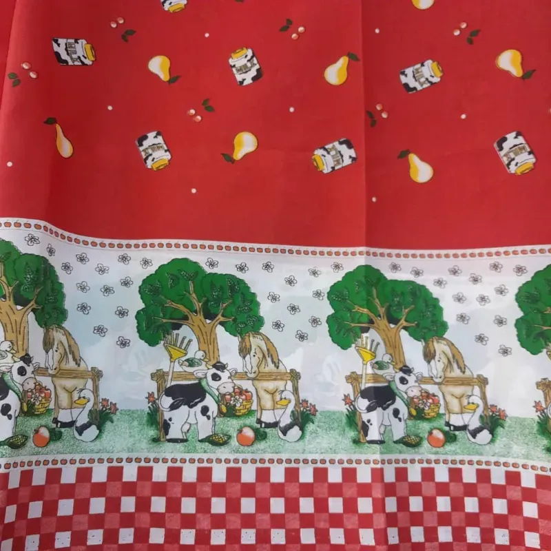 Tela de cocina vacas fondo rojo