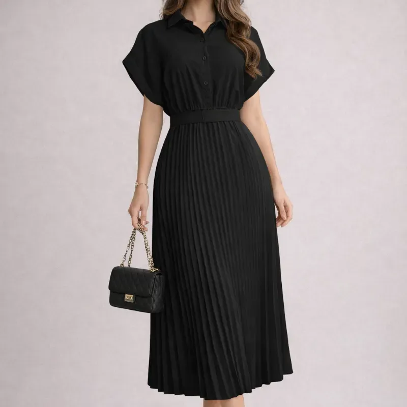  Vestido camisero plisado — Negro
