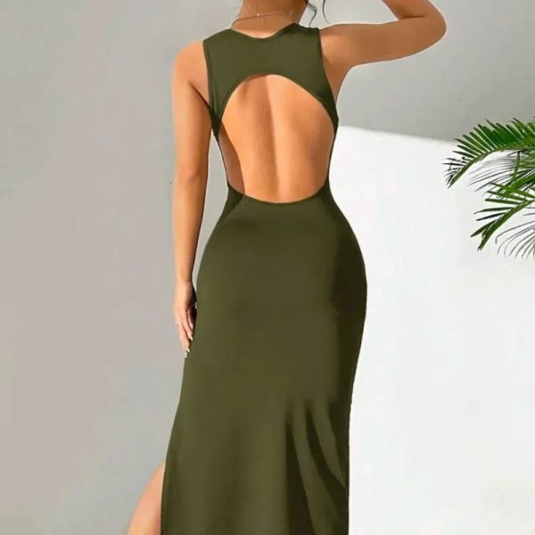  Vestido largo de abertura en la espalda — Verde Militar