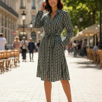 Vestido Corto manga larga estampado de cadenas en Verde