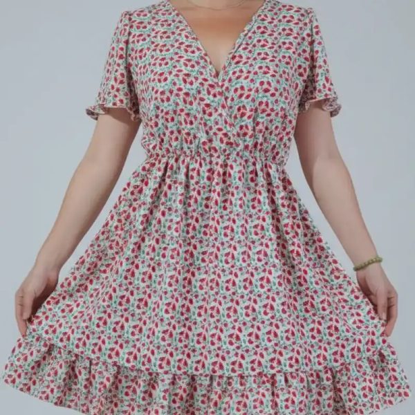 Vestido escote V con lazo en la espalda ajustable y vuelo