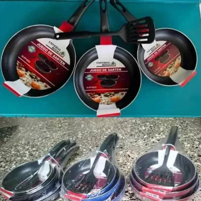 Juego de 3 sartenes  (no inducción) y espumadera