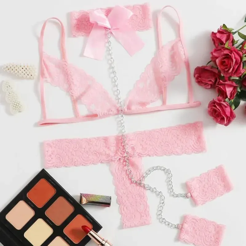  Conjunto de lencería rosa encaje + cadenas – Unitalla