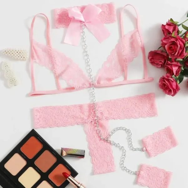  Conjunto de lencería rosa encaje + cadenas – Unitalla