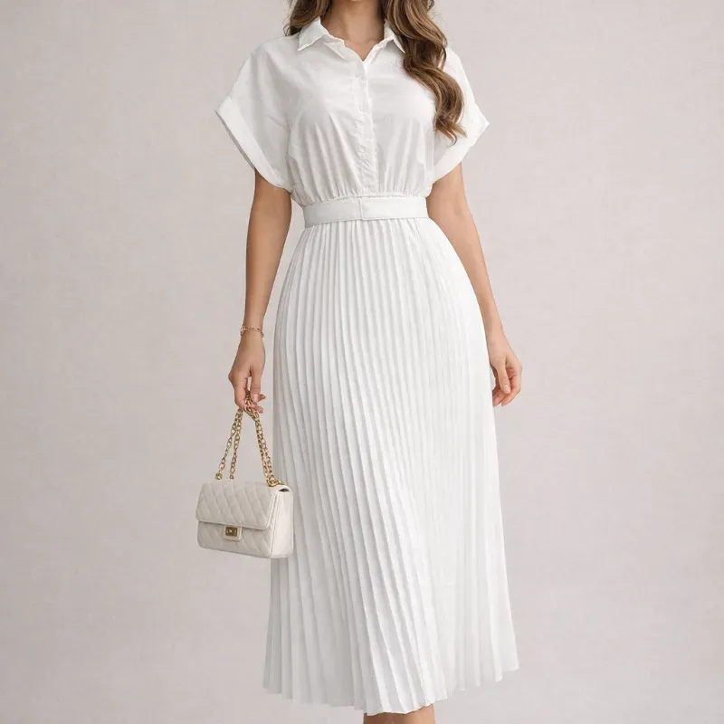  Vestido camisero plisado — Blanco