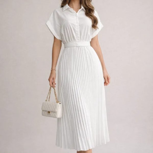  Vestido camisero plisado — Blanco