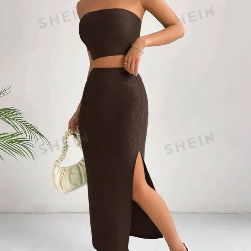  Conjunto de falda larga con abertura lateral y top tubo — Marrón Chocolate
