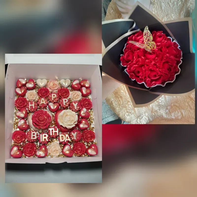 Bombones y flores rojas